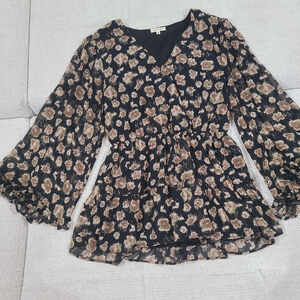 Jodifl Womens Small Faux Wrap Blouse Top Belle Sleeves Floral Black Brown Blouse